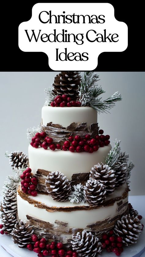 Christmas wedding cake with red berries and rustic pinecone design. Christmas Wedding Cake Ideas, Winter Wedding Cakes, Christmas Wedding Cake, Christmas Wedding Cakes, Diy Wedding Cake, White Cakes, Wedding Cake Ideas, Winter Wedding Cake, Wedding Themes Winter