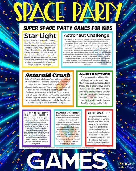 Games for Kids Birthday Party - Lift off with an out of this world outer space party! We have a list of seven engaging space party games for your NASA astronauts, pilots, & galaxy visitors. #FrugalCouponLiving #gamesforkids #games #birthdaypartygames #birthdaygames #partygames #party #birthday #nasa #space #astronaunt #galaxy Party Games List, Space Party Games, Space Birthday Party Games, Space Party Theme, Games For Friends, Vbs Space, Space Week, Summertime Activities, Dollar Diy