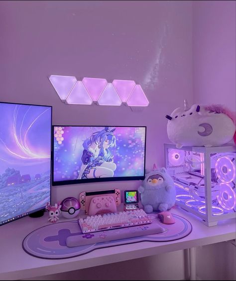 Computer, Desk, Purple, Pink