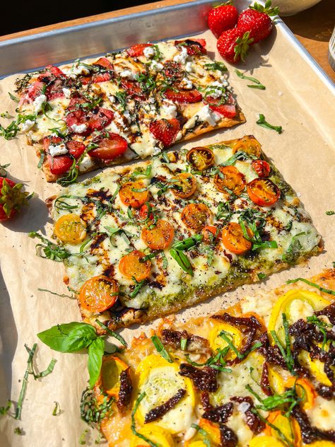 3 Summer Flatbread Varieties Lunch Flatbread, Flat Bread Appetizers Flatbread Recipes, Cherry Tomato Flatbread, Summer Flatbread, Zucchini And Tomato Flatbread, Lavish Flatbread Recipe, Flatbread Toppings, Flatbread Sandwiches, Lemon Butter Salmon