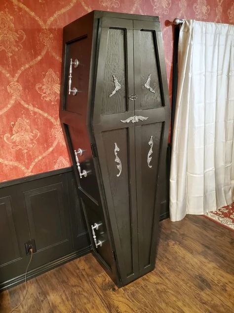 Goth Wood Projects, Goth Rv, Goth Furniture Diy, Coffin Shelf Diy Plans, Coffin Cabinet, Gothic Storage, Goth Shelf, Coffin Bookcase, Goth Furniture