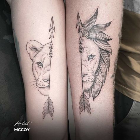 Fine line tattoos matching female lion and male lion half faces with arrows Half Lion Tattoo For Women, Couples Lion Tattoo, Lion And Lioness Tattoo, Female Lion Tattoo, Lioness Tattoo, Lion Head Tattoos, Couples Tattoo Designs, Leo Tattoos, Lion Tattoo Design