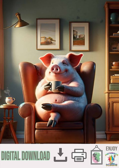 Pig Funny Pictures, Pig Eating Ice Cream, Pig With Sunglasses, Pigs On The Beach, Pig Monster Art, Pig Meme, Funny Pigs, Funny Coffee Cups, Reading Room