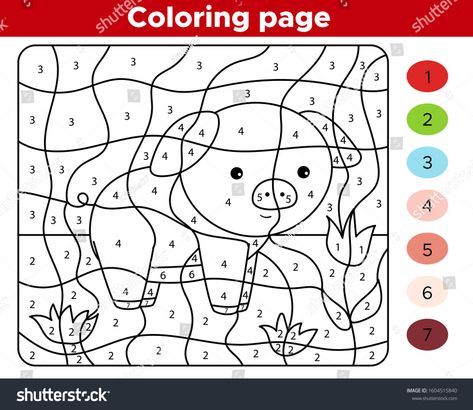 Educational coloring page by numbers. Cute kawaii farm character - pig with flower. Preschool worksheet activity page. #Ad , #Aff, #numbers#Cute#kawaii#Educational Pig Worksheets Preschool, Flower Preschool, Color By Number For Kids, Animals In The Bible, Number For Kids, Farm Week, Color By Number Printable, Pig Crafts, Teacher Craft