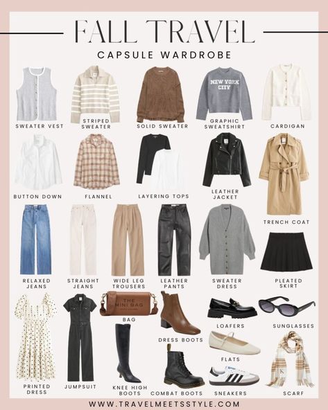 Travel light, Dress right: How to create the ultimate fall travel capsule wardrobe 2023 - Travel Meets Style Packing Early Fall Europe, Fall Europe Trip Packing, Easy Fall Capsule Wardrobe, Simple Fall Wardrobe, Cute Sightseeing Outfits Fall, Outfits For Europe In October, 5 Day Capsule Wardrobe Packing Light, Travel Capsule Wardrobe Uk Fall, Carry On Travel Wardrobe