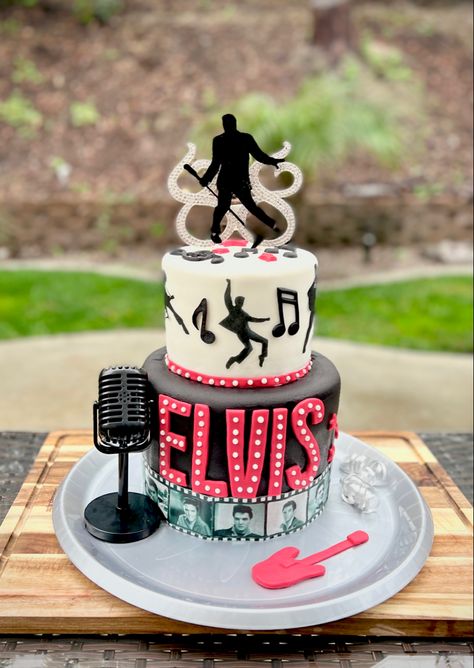 Fondant, Elvis, two tiers, cake, popular cakes Elvis Presley Party Theme, Elvis Presley Themed Birthday Party, Elvis Themed Wedding, Elvis Birthday Party Ideas, Elvis 60th Birthday Party, Elvis Birthday Party Decorations, Elvis Presley Party Ideas, Elvis Wedding Theme, Elvis Presley Birthday Party Ideas