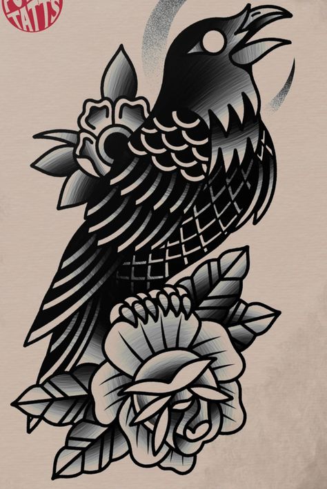 Traditional Tattoo Black And Grey, Traditional Tattoo Stencils, Traditional Tattoo Inspiration, American Traditional Tattoo Ideas, Traditional Tattoo Ideas, Traditional Tattoo Designs, Traditional Style Tattoo, Traditional Tattoo Sleeve, Crow Tattoo