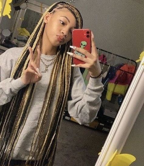 Brown And White Braids, Box Braids Mixed Colors, Box Braids Blonde And Black, Mixed Color Box Braids, Colors Box Braids, Black And Blonde Box Braids, Black And Blonde Braids, Color Box Braids, Pink Box Braids