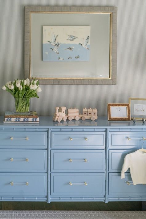 MULBERRY LAKE NURSERY — Morgan Britt Interiors Southern Nursery, Lake Nursery, Dresser Styling, Southern Interior, Luxury Nursery, Coastal Nursery, Traditional Nursery, Blue Dresser, Casa Country