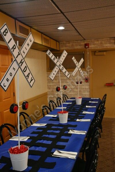 Train Birthday Party Table, Four Year Old Train Party, Train Theme Birthday Party Activities, Thomas The Train Centerpieces Diy, Train Birthday Party Table Decor, Railroad Party Ideas, Train Station Birthday Party, Train Birthday Centerpieces, Train Baby Shower Theme Boys