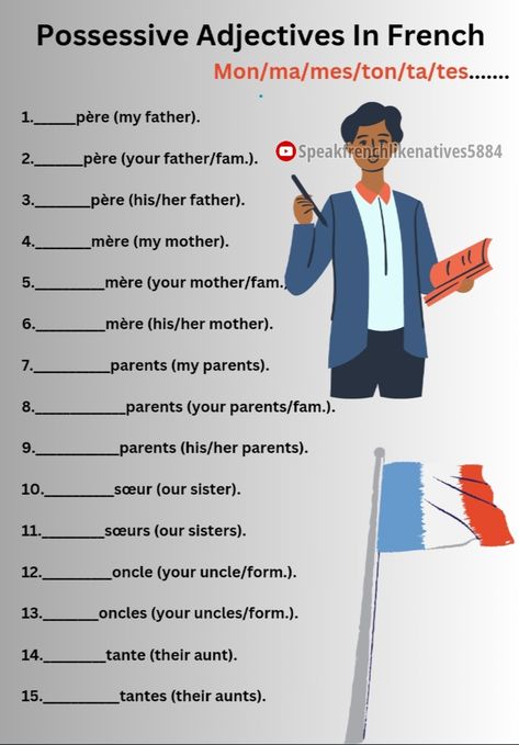 Adjectives Worksheet, Possessive Adjectives, Adjective Worksheet, French Worksheets, French Grammar, French Class, French Lessons, Teaching French, Grammar