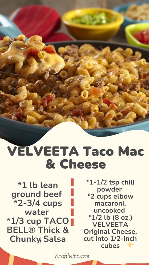 VELVEETA Taco Mac & Cheese: A quick and easy dinner recipe combining lean ground beef, elbow macaroni, TACO BELL® Thick & Chunky Salsa, chili powder, and creamy VELVEETA Original Cheese. Ready in just 20 minutes, this dish is perfect for busy weeknight meals. Dinner Recipes Using Velveeta Cheese, Taco Mac And Cheese Velveeta, Velveeta Mac And Cheese With Ground Beef, Mac Abd Cheese, Taco Macaroni, Beef Mac And Cheese, Velveeta Mac And Cheese, Taco Mac, Taco Mac And Cheese