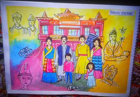 CBSE project Sikkim culture handmade poster / Sikkim temple, dance,dress,god Sikkim Culture Art, Sikkim Drawing, Culture Of Sikkim Drawing, Sikkim Culture, Dress Drawing Easy, Culture Drawing, Dance Of India, Handmade Poster, Drawing Competition