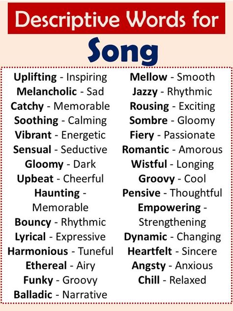 Word That Describe Feelings, Music Vocabulary Words, Words Describing Feelings, Words To Use In Songs, Words To Describe Music, Song Association Words List, Writing Speech, Expressive Words, Music Vocabulary