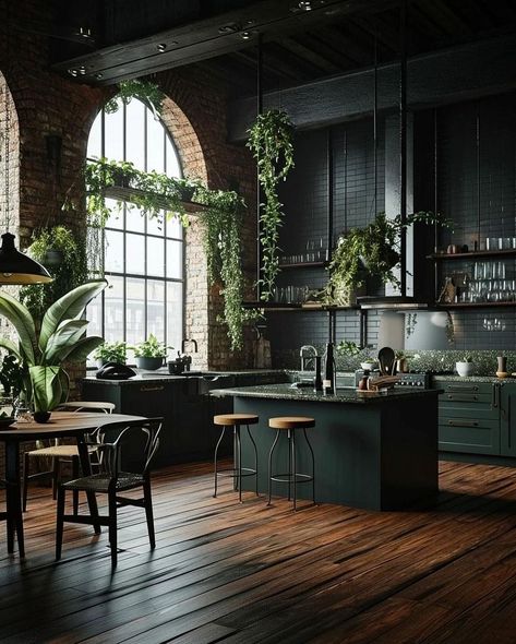 Tour through a Dark Green Industrial House 🏡🧱📚☀️🌿 🏠follow us at @tinyhouseperfect 🏠 🏠follow us at @tinyhouseperfect 🏠 🏠follow us at… | Instagram Rustic Industrial House, Dark Academia Kitchen, Industrial Home Design, Dark House, Interior Design Per La Casa, Dark Kitchen, Dark Home Decor, Green Cabinets, House Aesthetic