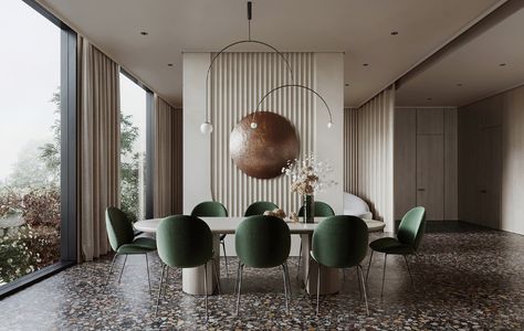 D VILLA Living & Dining on Behance Dining Area Design, Neoclassical Interior, Timber Panelling, Terrazzo Flooring, Interior Rendering, Minimalist Interior Design, Living Dining, Autodesk 3ds Max, Dining Room Design