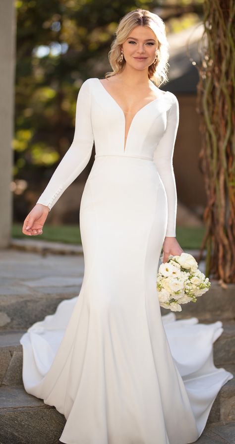 Long sleeves wedding dress - Essense of Australia Style D2972 | Simple mermaid wedding dress with plunging v-neckline and long sleeves for the winter bride inspired by Meghan Markle #weddingdress #weddingdresses #bridalgown #bridal #bridalgowns #weddinggown #bridetobe #weddings #bride #dreamdress #bridalcollection #bridaldress #dress See more gorgeous bridal gowns by clicking on the photo Sleek Wedding Dress, Sleeved Wedding Dress, Sheath Wedding, Essense Of Australia, Dress Idea, White Wedding Dress, Wedding Dresses With Sleeves, Wedding Dress Pictures, Sleeve Wedding Dress