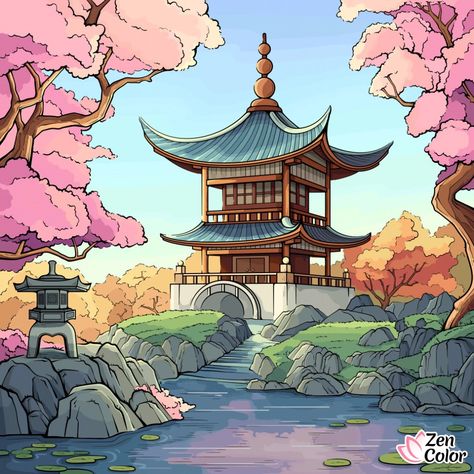 Asian Building Drawing, Japanese Castle Drawing, Japanese Building Drawing, Japanese Temple Drawing, Japanese House Drawing, Japanese Architecture Drawings, Castle Drawing Easy, Coloring Aesthetic, Coloring Pages Aesthetic