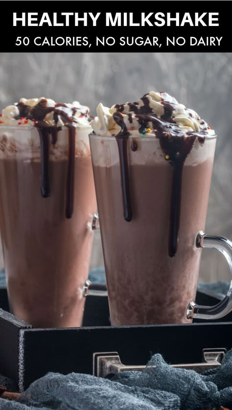 Healthy milkshake recipe made with just 3 ingredients and under 50 calories! No sugar, no dairy, low carb. Healthy Chocolate Milkshake, Healthy Milkshake Recipes, Smoothie Milkshake, Low Calorie Sweets, Wendy's Frosty, Low Cal Desserts, Healthy Milkshake, Low Cal Dessert, Oreo Milkshake