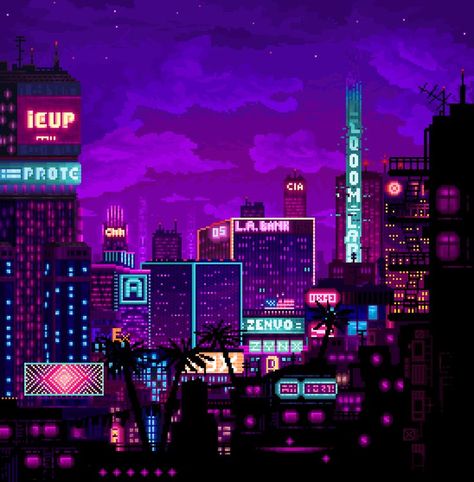 Vaporwave City Aesthetic, 8 Bit Cyberpunk, Cybercity Aesthetic, Neon City Aesthetic, Neon City Art, Neon Pixel Art, Pixel Cyberpunk, Cyberpunk Pixel Art, Vaporwave City