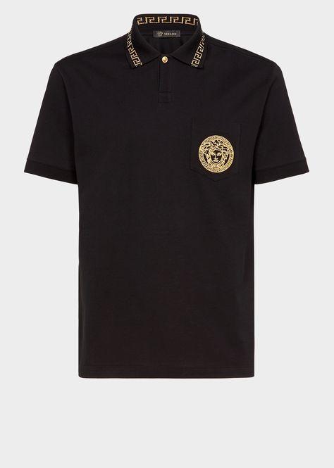 Versace Clothes, Versace Polo Shirt, Versace Polo, Speedmaster Omega, Mens Half Sleeve, Mens Luxury Lifestyle, Versace T Shirt, Pocket Embroidery, Versace Logo