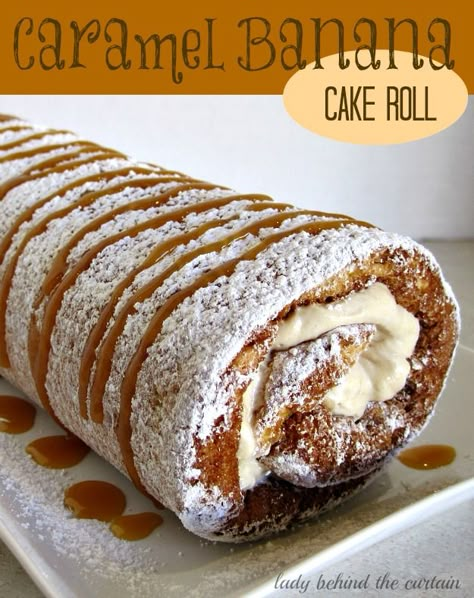 Caramel Banana Cake Roll recipe from Lady Behind the Curtain!! So much easier to make than what most people think!! Give it a go!! You can do it!! Banana Cake Roll, Caramel Banana Cake, Cake Roll Recipes, Cake Rolls, Roll Cake, Pastry Shop, Challah, Banana Recipes, Cake Roll