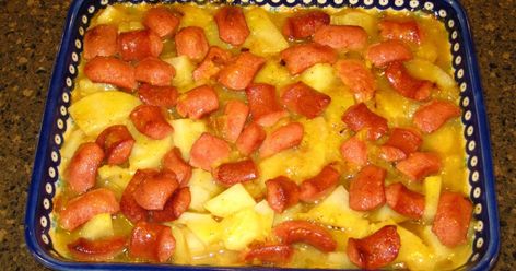 Some of my recipes have fancy names and can be presented in a really gourmet way, even though they are really simple to make.  This recip... Hot Dogs And Potatoes Recipe, Casserole Recipes Potato, Hot Dog Casserole Recipes, Hot Dog Potato, Sausage Casseroles, Mashed Potato Casserole Recipes, Fancy Names, Hot Dog Casserole, Ground Beef Breakfast