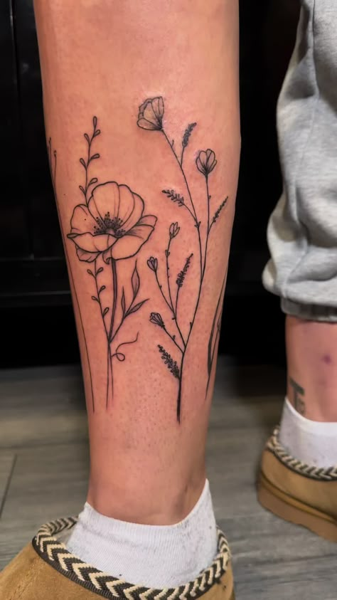 Make Your Day Wildflower Leg Tattoo, Flower Tattoos Leg, Flower Tattoo Ankle, Class Board, Garden Tattoos, Ear Tattoo Ideas, Minecraft Things, Wildflower Tattoo, Sunflower Tattoos