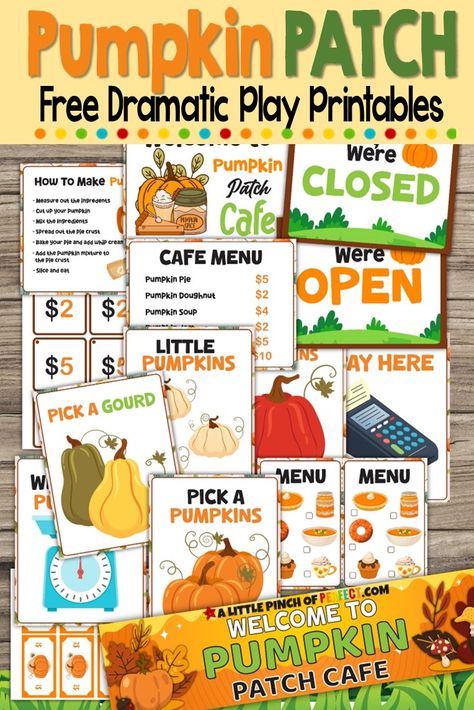 Free Dramatic Play Printables, Dramatic Play Printables Free, Dramatic Play Toddlers, Pumpkin Patch Dramatic Play, October Homeschool, Dramatic Play Centers Preschool, Pumpkin Activities Preschool, Independent Play Activities, Dramatic Play Activities