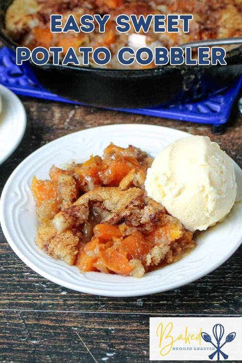 This Easy Sweet Potato Cobbler is a classic southern dish full of tender sweet potatoes , mixed with a gooey filling and held in with a cinnamon sugary crust . This can be served as side dish or add a scoop vanilla ice cream to serve as a dessert . via @Baked Broiled and Basted Sweet Potato Cobbler With Canned Yams, Sweet Potato Cobbler Old Fashioned, Sweet Potato Cobbler, Home Baked Goods, Canned Yams, Sweet Potato Pies, Perfect Boiled Egg, Easy Sweet Potato, Cobbler Topping