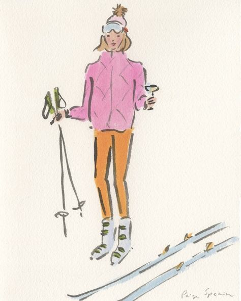 Ski Illustration Drawings, Skiing Drawing, Ski Drawing, Paige Smith, Ski Print, Ski Bunnies, Ski Art, Dorm Art, Apartment Art