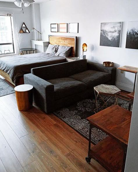 Studio Apartment Contemporary, Black And Brown Studio Apartment, Bachelor Apartment Ideas Studio Apt, Tv Placement In Studio Apartment, Guy Studio Apartment Ideas, Man Studio Apartment Ideas, Dark Studio Apartment Ideas, Male Studio Apartment Minimalist, Modern Studio Decor