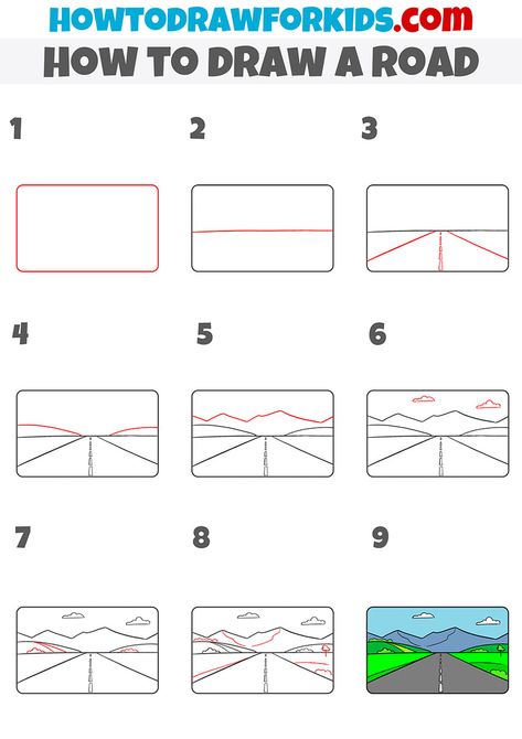 How To Draw A Road Step By Step, Highway Drawing Simple, Step By Step Drawing Buildings, How To Draw Street, Step By Step Perspective Drawing, How To Sketch Landscapes Step By Step, Easy Landscapes To Draw, Road Drawing Perspective, How To Draw A Road