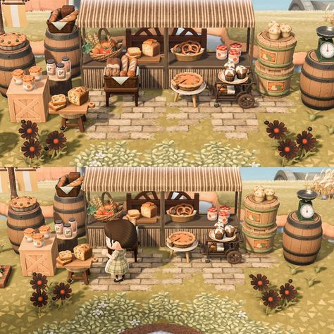 Animal Crossing Tools Area, Acnh Market Inspiration Cottagecore, Acnh Medium Area Ideas, Skull Pond Animal Crossing, Animal Crossing Rustic Theme, Acnh Farmcore Villagers, Acnh Bread Stall, Rustic Animal Crossing, Acnh Farmcore Ideas