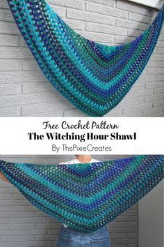 Crochet this beautiful Witching Hour Shawl in one sitting with two skeins of yarn! This shawl is crocheted with worsted weight yarn, and a large crochet hook, so it's airy and it works up quickly. Let the yarn do the heavy lifting in this project, and watch your shawl comes to life as you crochet each repeat row. I hope you guys enjoy this relaxing crochet pattern! Worsted Weight Crochet Shawl Pattern Free, Quick Shawl Crochet Pattern, Circle Shawl Crochet Pattern Free, One Skein Shawl Crochet Pattern Free, One Skein Crochet Shawl, Triangle Shawl Crochet Pattern Free, One Skein Shawl, Crochet Shaw, Crochet Triangle Shawl Pattern