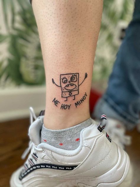 Spongebob Dum Tattoos, Small Tattoos Cartoon, Tiny Cartoon Tattoos, Spong Bob Tattoo, Corny Tattoos, Towelie Tattoo, Simple Movie Tattoos, Spongebob Tattoo Design, Dale Gribble Tattoo