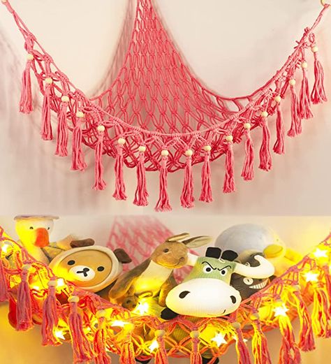 Cute Bedroom Aesthetic, Hammock Corner, Aesthetic Nursery, Toddler Storage, Storage Hammock, Stuffed Animal Net, Stuffed Animal Hammock, Crochet Store, Cute Bedroom