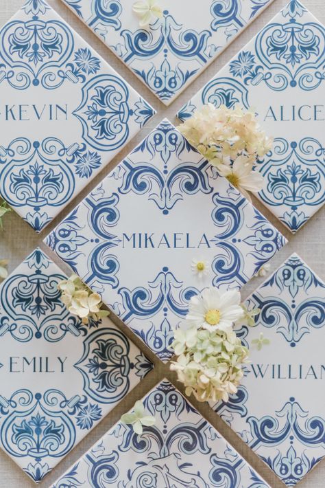 Tile Name Cards Wedding, Mediterranean Themed Wedding, Mediterranean Wedding Decor, Tile Place Cards, Creative Place Cards Wedding, Place Card Ideas, Portuguese Wedding, Pantone Colours, Signage Wedding