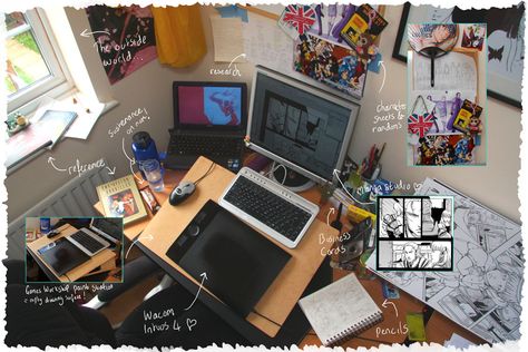 My desk! Image was made for an Imagine FX 'artist profile' article on my workspace. Digital Artist Life Aesthetic, Computer Setup Drawing, Webtoon Artist Workspace, Artist Desk Workspaces, Art Setup, Digital Art Setup Desk, Mangaka Workspace, Digital Artist Desk Setup, Manga Artist Workspace