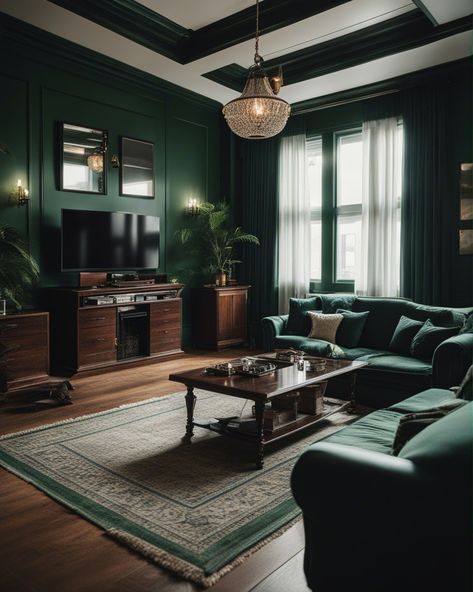 Emerald Green And Wood Living Room, Emerald Green Interior Design, Green Sitting Room, Haussmann Interior, Modern Green Living Room, Moody Interior Design, Green Walls Living Room, Dark Green Living Room, Living Room Panelling