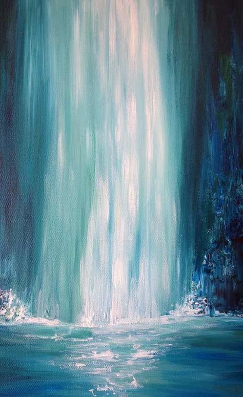 Blue-Falls-Liz-W-Waterfall-Painting-close-up More: Fall Landscape Painting, Waterfall Wall Art, Waterfall Paintings, Waterfall Art, Hur Man Målar, Contemporary Abstract Art, Art Painting Acrylic, Malbec, 그림 그리기