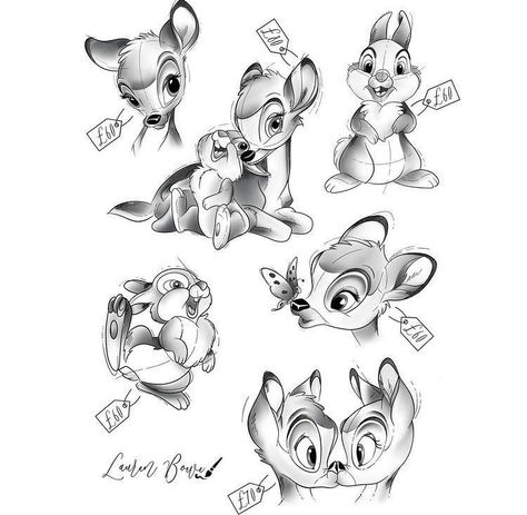 Bambi And Thumper Drawing, Disney Animal Tattoos, Disney Flashsheets Tattoo, Thumper Tattoo, Drawing Ideas Disney, Disney Characters Tattoos, Bambi Tattoo, Tattoos Cartoon, Disney Stitch Tattoo