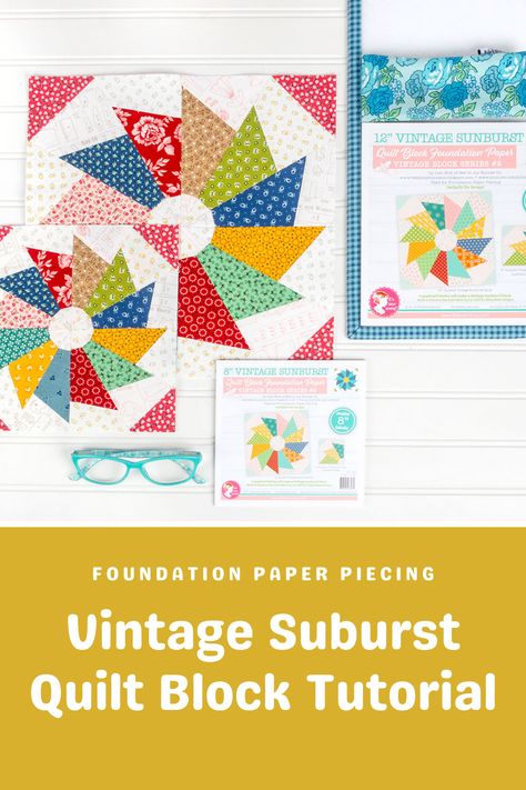 The Vintage Sunburst Quilt Block Foundation Paper is the perfect way to bring this Vintage Block to life! Kimberly shows how to sew the vintage sunburst quilt block from this Lori Holt Foundation Paper from It's Sew Emma. Lori Holt Free Patterns, Lori Holt, Lori Holt Quilt Blocks, Lori Holt Christmas Quilt Blocks, Rising Sun Quilt Block Pattern, Vintage Christmas Quilt Lori Holt, Farmers Wife Quilt Blocks 1930s, Fat Quarter Shop, Quilt Square Patterns