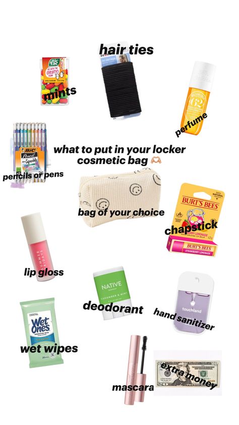 what to put in your school locker bag ( basics ) Native Deodorant, School Locker, Travel Bag Essentials, School Lockers, Summer Glow, Strawberry Lemonade, Burts Bees, Wet Wipe, Hand Sanitizer