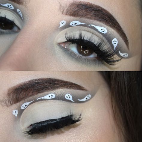 Ghost Eyeshadow Look, Ghost Eyeshadow, Ghost Eye Makeup, Cute Ghost Makeup, Ghost Makeup Pretty, Ghost Makeup Halloween, Ghost Eyeliner, Ghost Face Makeup, Ghost Halloween Makeup