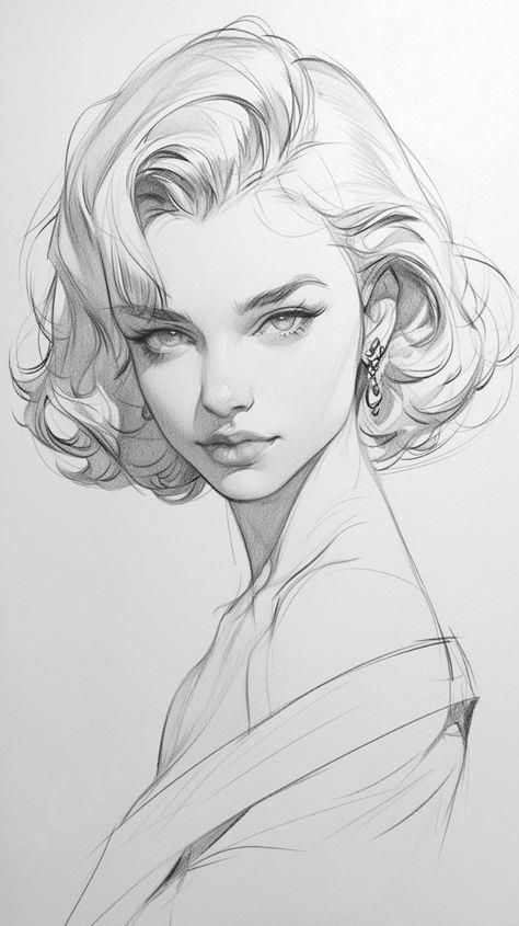 Face Looking Up Drawing Reference, Female Pencil Sketch, How To Color Black Hair Drawing, Pencil Sketch Reference, Drawing Hair Pencil, Women Face Drawing Reference, Wavy Short Hair Drawing, Classic Drawing Sketch, Girl Looking Down Drawing