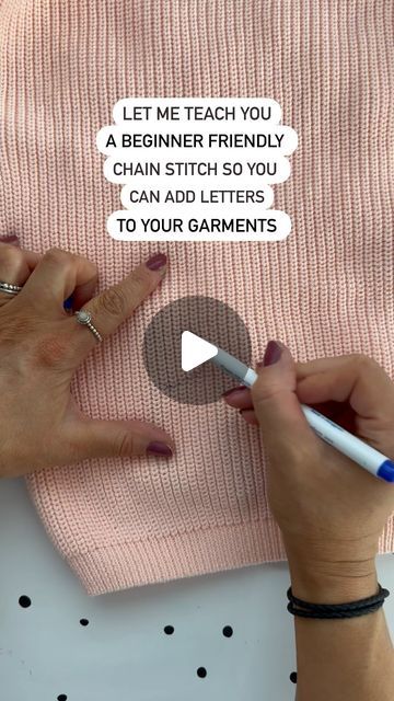 Hand embroided personalised jumpers - Pixie&Me on Instagram: "A slow and simple chain stitch tutorial! I use this stitch for evvvvverything! It is my absolute favourite and there are a few ways to do it! This is a simple beginner friendly way and I hope you give it a go!   The needle inside in this video is a 6mm blunt needle The yarn that I use is 200g acrylic, this is a personal preference and a yarn that I find so nice to work with!   I use purple fabric pens! They are air/water erasable!  My garments are bought wholesale and I buy in bulk so not ideal for small batches sorry, if you are wanting to buy in bulk I would highly recommend testing your own samples as what I find suitable might not be for you! Any small business needs to find their own perfect product so defo sample as many p Simple Hand Stitch, Stencil For Embroidery, Chain Stitch How To, Chain Stitch Lettering Embroidery, Embroidery On Sweatshirts Ideas, Embroidered Hand Print, Chain Stitch On Knitting, Diy Chain Stitch Sweater, How To Hand Embroidery Letters Tutorial