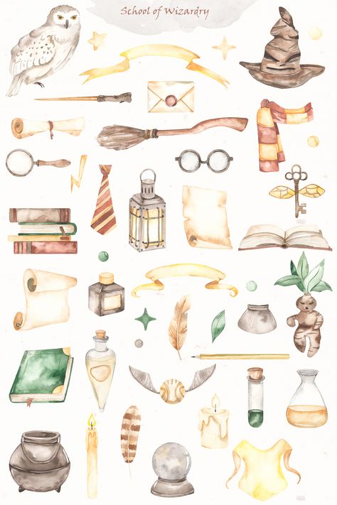 cute magical objects - broom, magic books, magic wand, feather, inkwell, scarf, flying key, potion, lantern, talking hat, parchment, letter, candle, crystal ball and other elements. Broom Magic, Create Invitation Card, Magic Watercolor, Candle Crystal, Owl Magic, Magical Objects, Magic Birthday, Halloween Watercolor, Magic Books