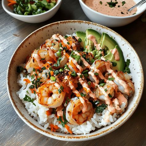 "Savor Shrimp Rice Bowls with Spicy Mayo, a deliciously balanced meal packed with fresh flavors and a kick of heat!" Spicy Mayo Shrimp Bowl, Spicy Shrimp Rice Bowl, Shrimp Bowls With Spicy Mayo, Spicy Bowl Recipes, Noom Friendly Recipes, Shrimp Rice Bowl, Shrimp Bowls, Make Ahead Lunch, Shrimp Bowl