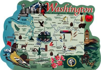 Handcrafted wooden map of Washington State with significant points of interest created by The Cat's Meow Village Washington State Map, State Project, State Flowers, Washington Map, Map Ideas, Evergreen State, Port Angeles, Wooden Map, Usa Map